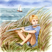 Enfant jouant de la flûte traversière en bord de mer